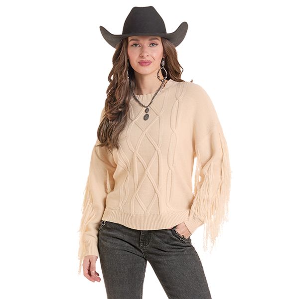 Ladies' Cable Fringe Sweater - Natural - Buy Ladies' Cable Fringe